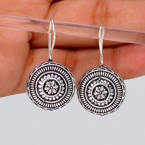 Round Handmade Silver Oxidised Earrings